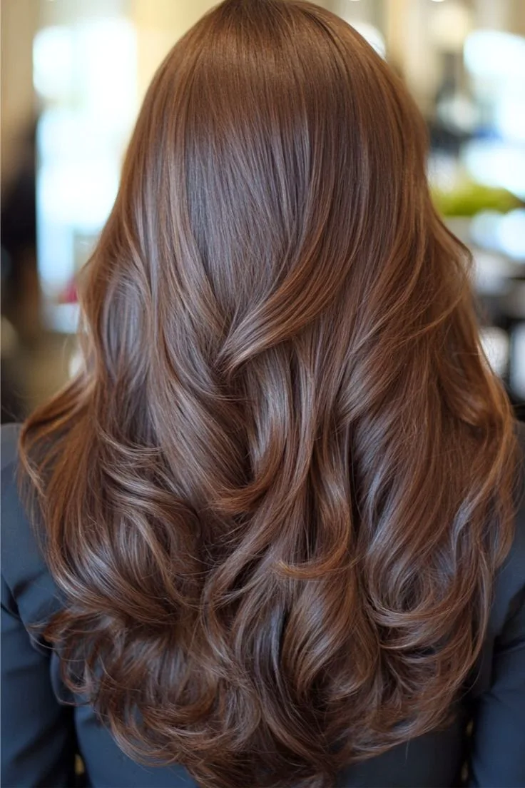 Wavy chocolate-brown hair from the back.