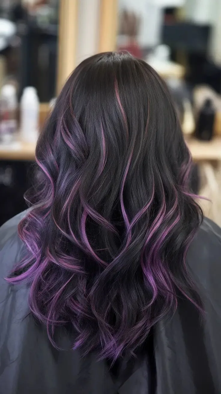 Black wavy hair with purple highlights in a salon
